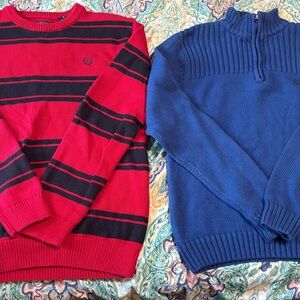 2 Chaps Red and Black Crewneck and Blue 1/4 zip Sweater Duo